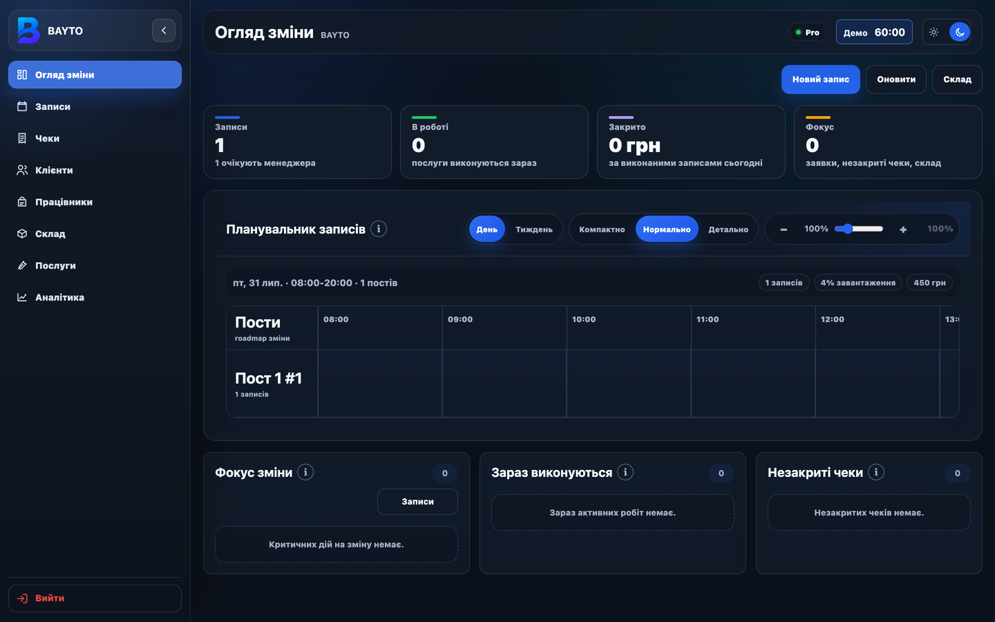 Bayto CRM shift overview for a car wash showing bookings, wash bays and active work